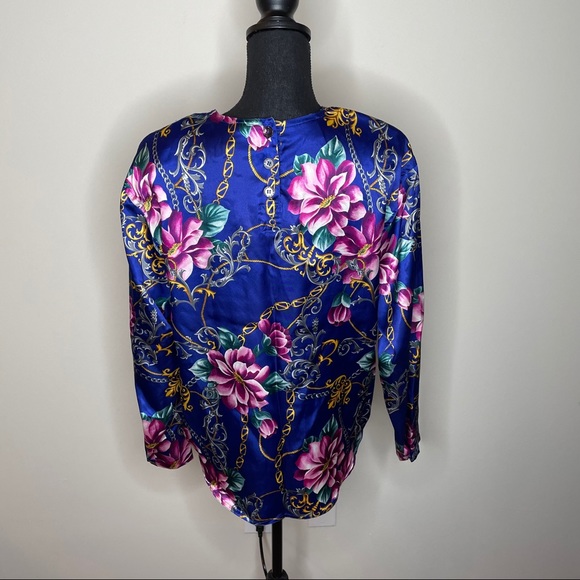 Liz Claiborne Satin Blue Floral Print Blouse - Picture 3 of 4